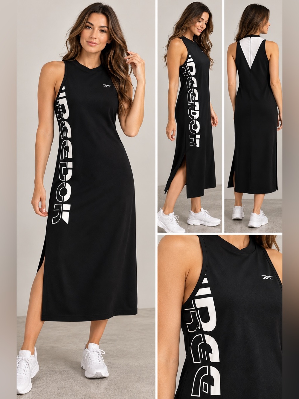 Reebok Speedwick Black & White Logo Sleeveless Athletic Midi Dress – M/L